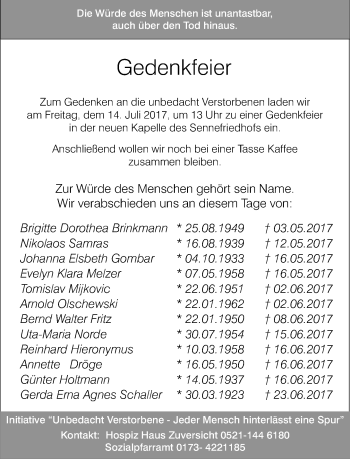 Traueranzeige von Gedenkfeier unbedacht Verstorbenen von Neue Westfälische