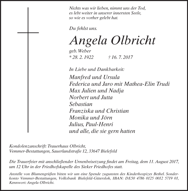  Traueranzeige für Angela Olbricht vom 22.07.2017 aus Neue Westfälische