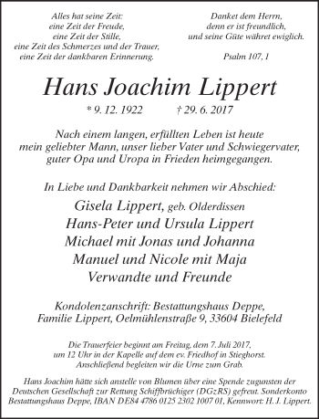 Traueranzeige von Hans Joachim Lippert von Neue Westfälische