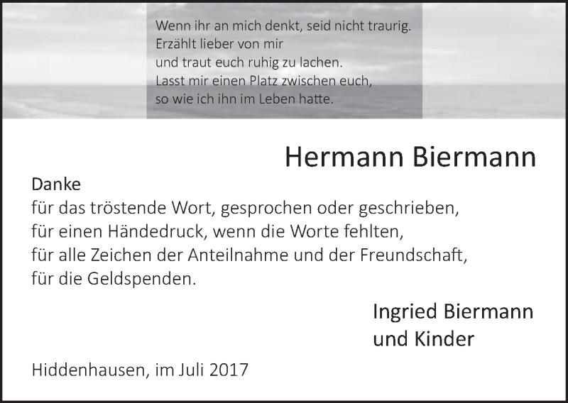  Traueranzeige für Hermann Biermann vom 22.07.2017 aus Neue Westfälische
