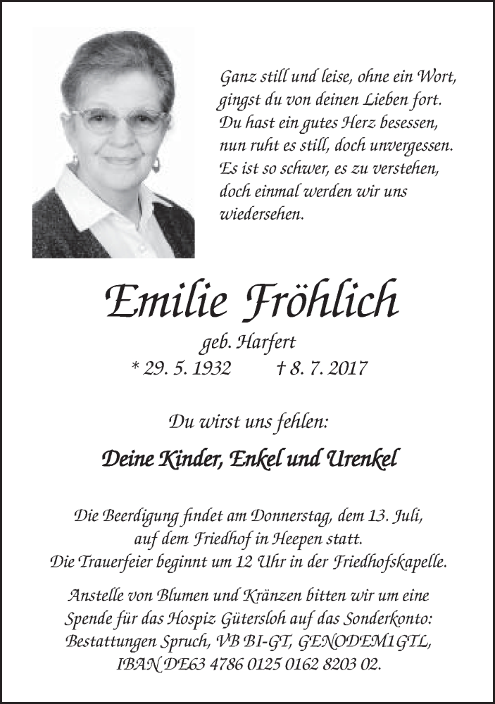  Traueranzeige für Emilie Fröhlich vom 11.07.2017 aus Neue Westfälische