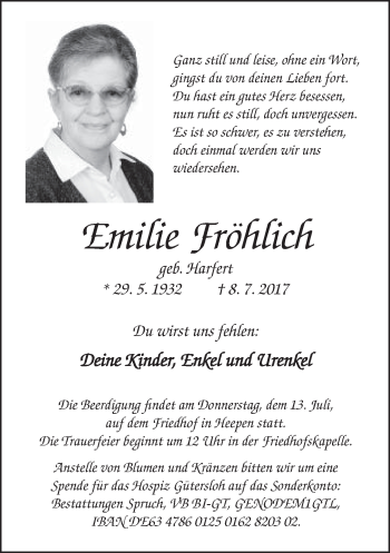 Traueranzeige von Emilie Fröhlich von Neue Westfälische