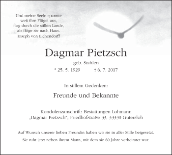 Traueranzeige von Dagmar Pietzsch von Neue Westfälische