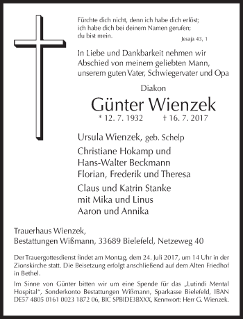 Traueranzeige von Günter Wienzek von Neue Westfälische