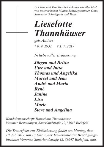 Traueranzeige von Lieselotte Thannhäuser von Neue Westfälische
