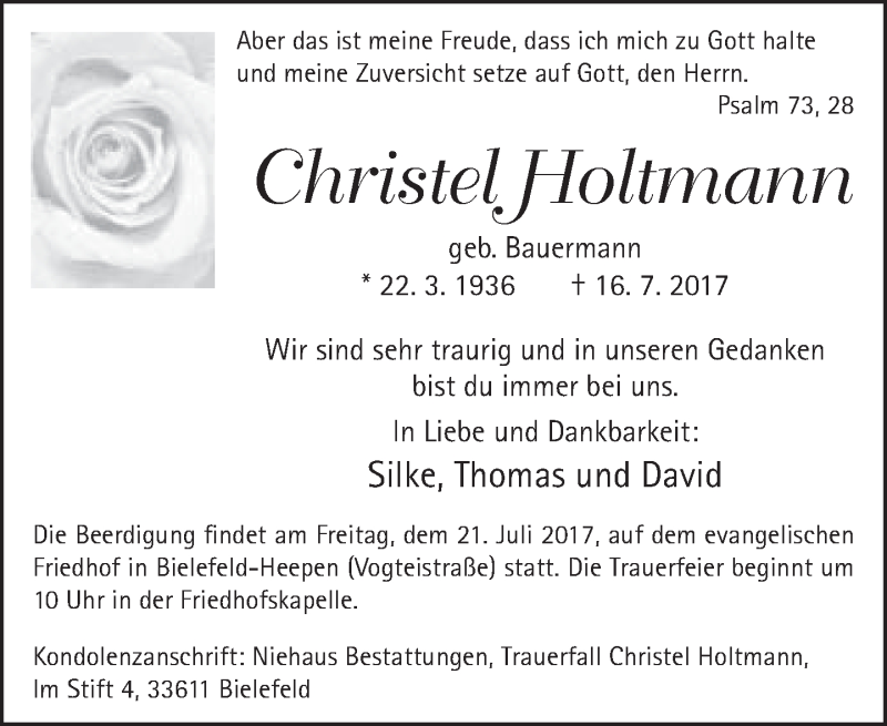  Traueranzeige für Christel Holtmann vom 19.07.2017 aus Neue Westfälische