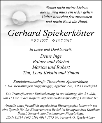 Traueranzeige von Gerhard Spiekerkötter von Neue Westfälische