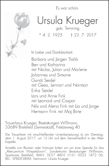 Traueranzeige von Ursula Krueger von Neue Westfälische