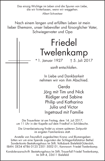 Traueranzeige von Friedel Twelenkamp von Neue Westfälische