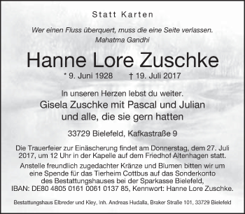 Traueranzeige von Hanne Lore Zuschke von Neue Westfälische