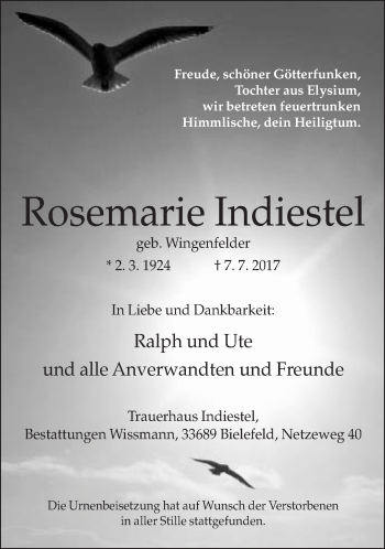 Traueranzeige von Rosemarie Indiestel von Neue Westfälische