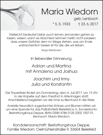 Traueranzeige von Maria Wiedorn von Neue Westfälische
