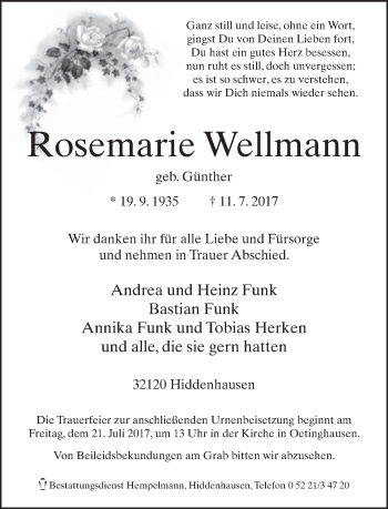 Traueranzeige von Rosemarie Wellmann von Neue Westfälische