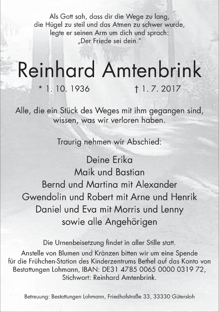  Traueranzeige für Reinhard Amtenbrink vom 08.07.2017 aus Neue Westfälische
