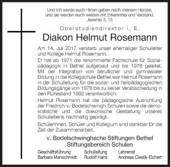 Traueranzeige von Helmut Rosemann von Neue Westfälische