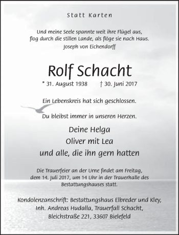 Traueranzeige von Rolf Schacht von Neue Westfälische