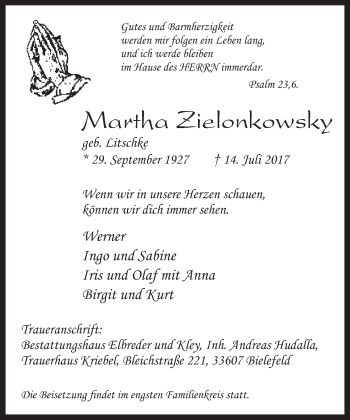 Traueranzeige von Martha Zielonkowsky von Neue Westfälische