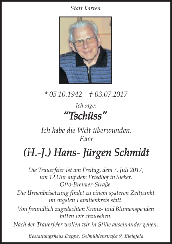 Traueranzeige von Hans-Jürgen Schmidt von Neue Westfälische