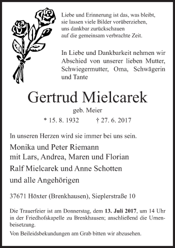 Traueranzeige von Gertrud Mielcarek von Neue Westfälische