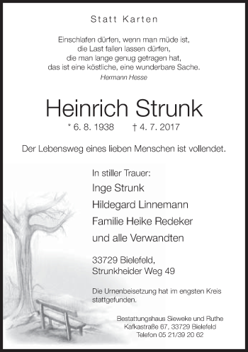 Traueranzeige von Heinrich Strunk von Neue Westfälische