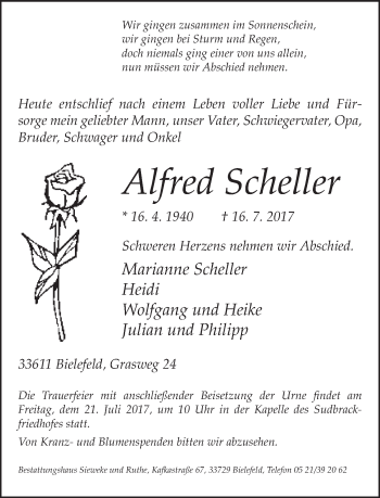 Traueranzeige von Alfred Scheller von Neue Westfälische