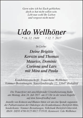 Traueranzeige von Udo Wellhöner von Neue Westfälische