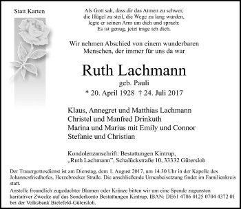 Traueranzeige von Ruth Lachmann von Neue Westfälische