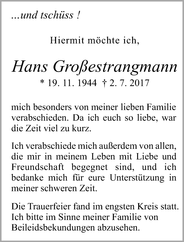  Traueranzeige für Hans Großestrangmann vom 07.07.2017 aus Neue Westfälische