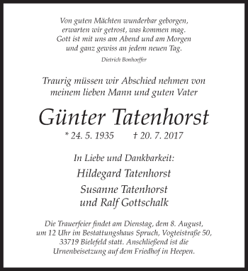 Traueranzeige von Günter Tatenhorst von Neue Westfälische