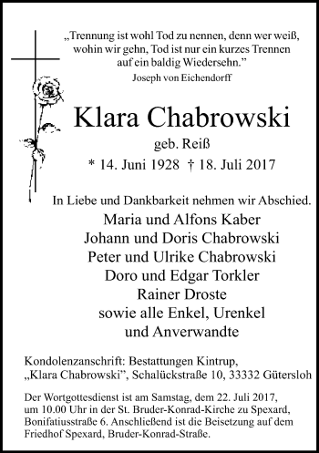 Traueranzeige von Klara Chabrowski von Neue Westfälische