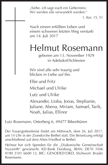 Traueranzeige von Helmut Rosemann von Neue Westfälische