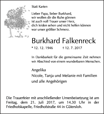Traueranzeige von Burkhard Falkenreck von Neue Westfälische