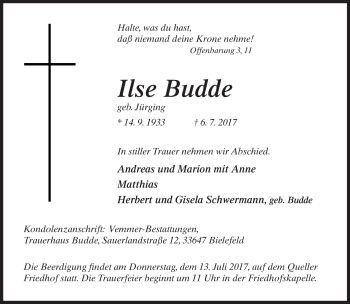 Traueranzeige von Ilse Budde von Neue Westfälische