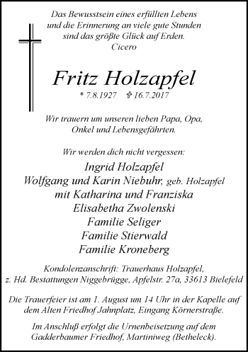 Traueranzeige von Fritz Holzapfel von Neue Westfälische