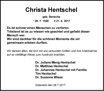 Traueranzeige von Christa Hentschel von Neue Westfälische