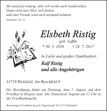 Traueranzeige von Elsbeth Ristig von Neue Westfälische