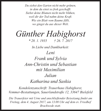 Traueranzeige von Günther Habighorst von Neue Westfälische