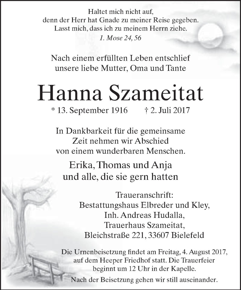  Traueranzeige für Hanna Szameitat vom 29.07.2017 aus Neue Westfälische