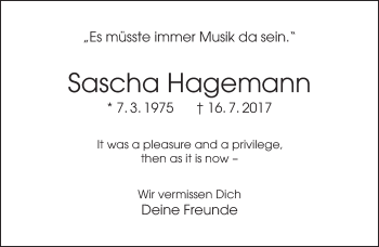 Traueranzeige von Sascha Hagemann von Neue Westfälische