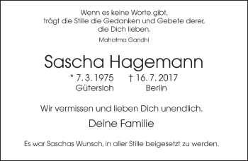 Traueranzeige von Sascha Hagemann von Neue Westfälische