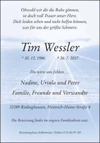 Traueranzeige von Tim Wessler von Neue Westfälische