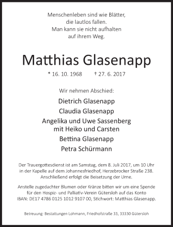 Traueranzeige von Matthias Glasenapp von Neue Westfälische