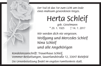 Traueranzeige von Herta Schleif von Neue Westfälische
