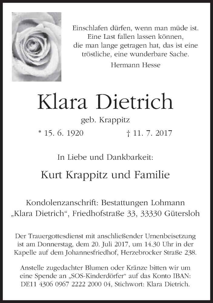  Traueranzeige für Klara Dietrich vom 17.07.2017 aus Neue Westfälische