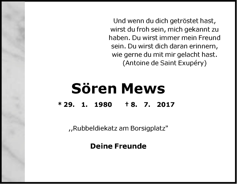  Traueranzeige für Sören Mews vom 12.07.2017 aus Neue Westfälische