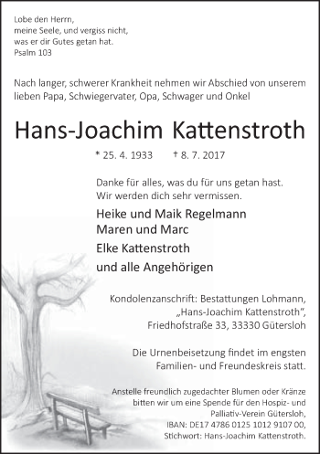 Traueranzeige von Hans-Joachim Kattenstroth von Neue Westfälische