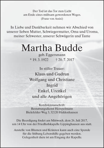 Traueranzeige von Martha Budde von Neue Westfälische