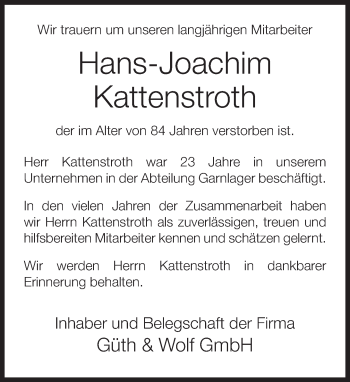 Traueranzeige von Hans-Joachim Kattenstroth von Neue Westfälische