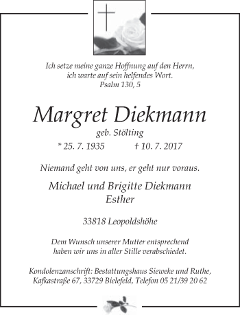 Traueranzeige von Margret Diekmann von Neue Westfälische