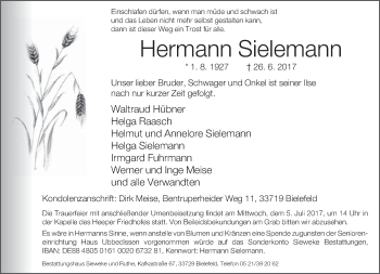 Traueranzeige von Hermann Sielemann von Neue Westfälische